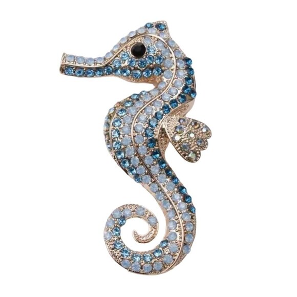 Rhinestone Seahorse Brooch Pin Blue & Gold-Tone Iridescent Crystals - Picture 1 of 2